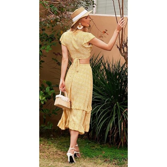 Yellow Floral Two-Piece Outfit With Crop Top & Ruffle Midi Skirt Summer Style Si - Picture 2 of 4